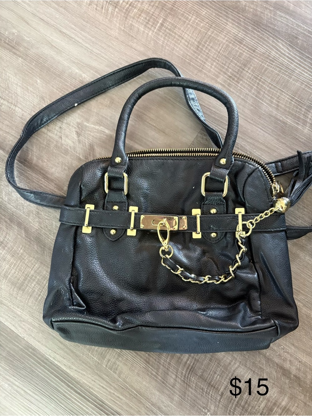 Steve Madden Black Satchel with Gold Chain Accent